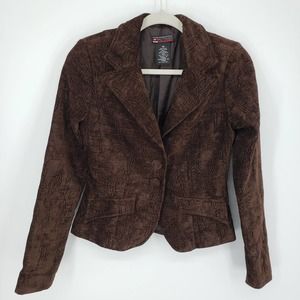 Y2K Hot Kiss Velvet Blazer Jacket Floral Embossed Cropped Long Sleeve Brown